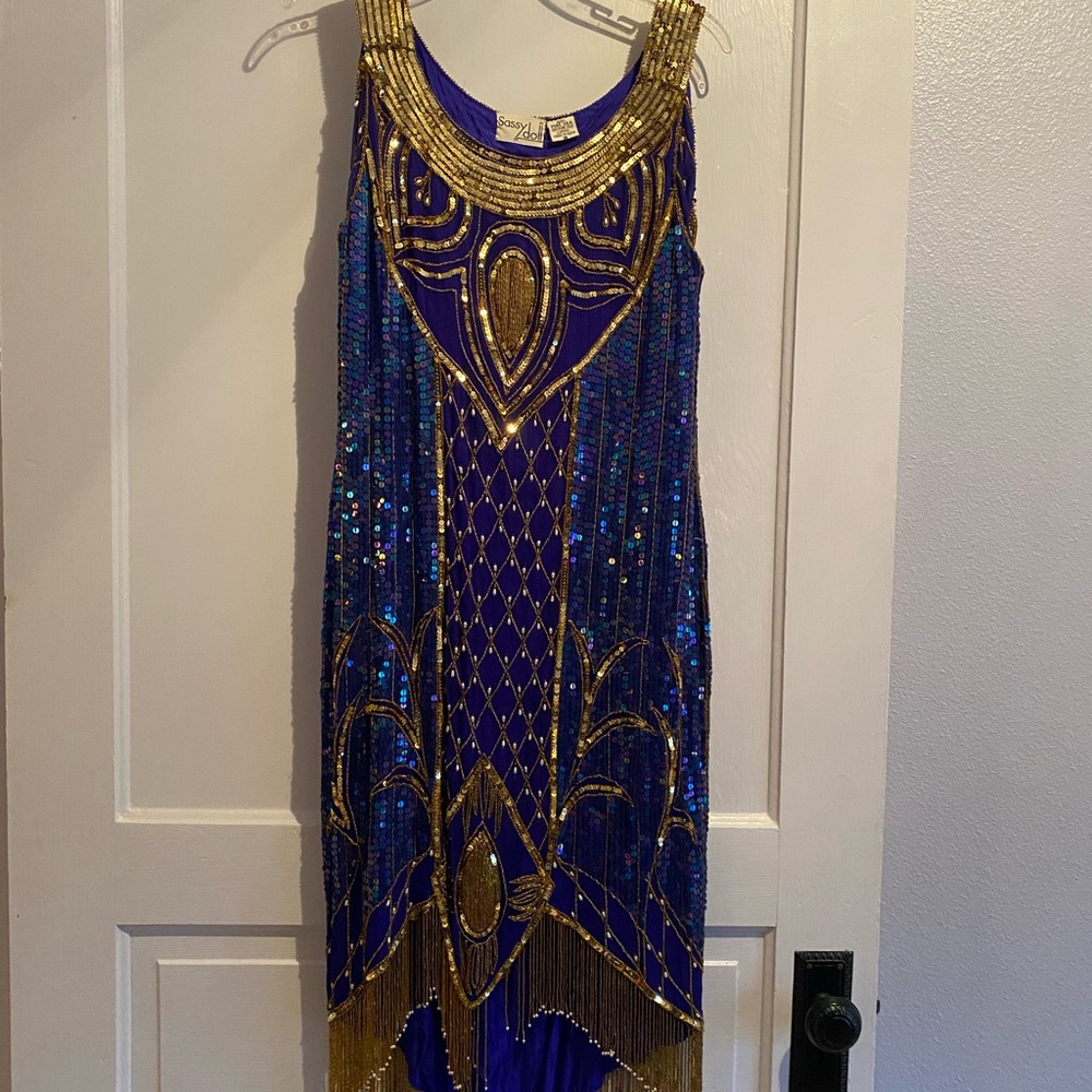 Unique Vintage Royal Blue and Gold Flapper Dress